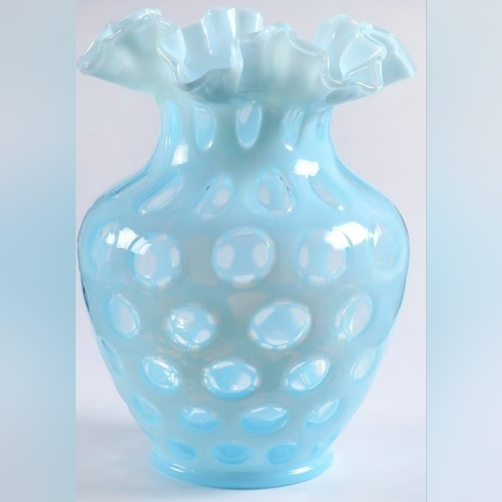 VINTAGE FENTON OPALESCENT BLUE COIN DOT GLASS 9" DOUBLE CRIMPED VASE